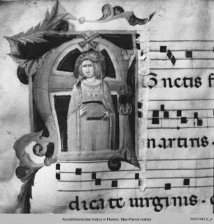 Textseite mit Randseitenbordüre, vierzeiligen Neumen und einer historisierten Initiale (A): Heilige Agnes - Sequentiae et hymni