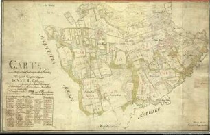 Landesaufnahme des Fürstbistums Osnabrück VI Amt Grönenberg Bl. 9 a Kirchspiel: Riemsloh Feldmark: Bennien Ortschaften: Bennien, Westhoyel, Kirchhoyel, Ohsen, Bruchmühlen Reinkarte Teil 1: Westhoyel, Kirchhoyel, Ohsen Ausf.-Art: Farbige Zeichnung auf Karton, auf Leinen aufgezogen Herst.: Johann Wilhelm Du Plat Herst.: Rennekamp (Direktion: Johann Ludwig Hogreve) Format: ca. 70 x 110 cm Maßstab: 1 : 3 840