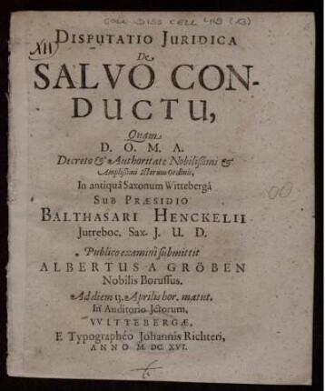 Disputatio Iuridica De Salvo Conductu