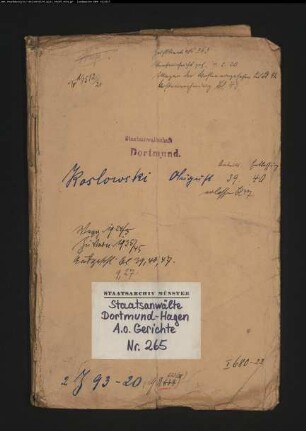 Angeklagter: Koslowski, August: Landfriedensbruch (Plünderungen usw. in Hamm am 3.- 4.7.1919)