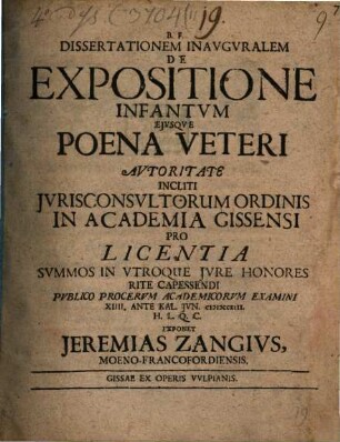 Diss. inaug. de expositione infantum, eiusque poena veteri