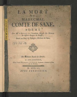 La Mort Du Maréchal Comte de Saxe : Poeme