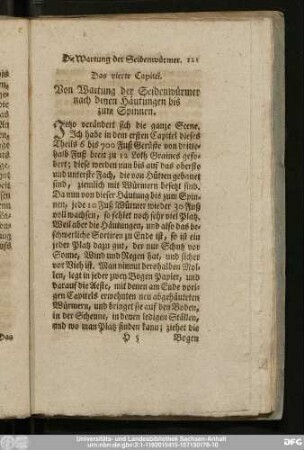 Das vierte Capitel. Von Wartung der Seidenwürmer nach denen Häutungen bis zum Spinnen.