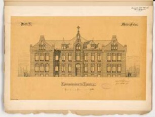 Kreiskrankenhaus, Insterburg Monatskonkurrenz November 1885: Aufriss Vorderansicht; Maßstabsleiste