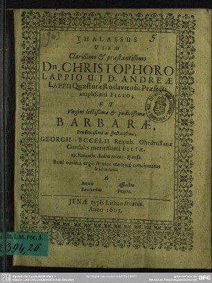 Thalassus Christophoro Lappio ... concinnatus