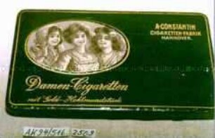 Blechdose für 20 Stück "A. CONSTANTIN CIGARETTEN-FABRIK HANNOVER. Damen-Cigaretten mit Gold-Hohlmundstück"