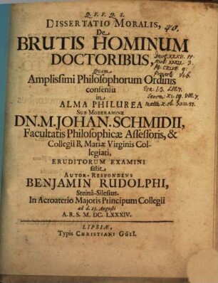 Diss. mor. de brutis, hominum doctoribus