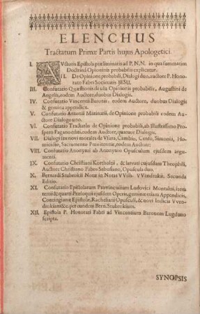 Elenchus Tractatum Primae Partis hujus Apologetici.