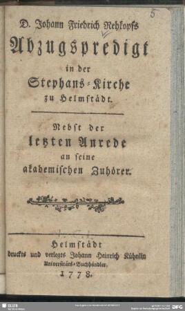 D. Johann Friedrich Rehkopfs Abzugspredigt in der Stephans-Kirche zu Helmstädt