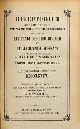 Directorium sive ordo divini officii recitandi et missae celebrandae. 1885