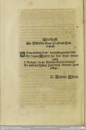Uberschrifft Der Besserschen Klage-Trost- und Lob-schrifft