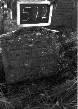 Grabstein 572 (Index: 100102485) Material: Sandstein Zustand: stark verwittert, eingesunken, weitgehender Textverlust Maße HxBxT: 54x46x9 cm Beschreibung: Stele, Konvexbogenabschluss, Schriftfeld eingetieft: Grabstein 572