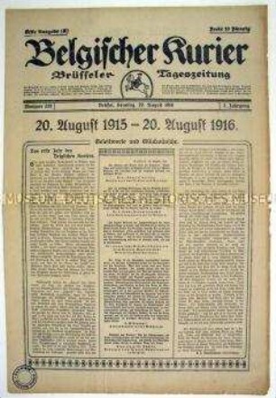 Deutsche Tageszeitung aus dem besetzten Belgien "Belgischer Kurier" zum einjährigen Bestehen des Blattes