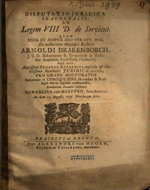 Disputatio iuridica inauguralis, Ad Legem VIII. D. de Servitut.