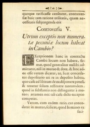 Controversia V. Utrum exceptio non numeratae pecuniae locum habeat in Cambio?