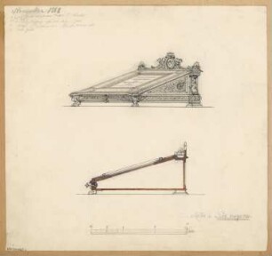 Lesepult Monatskonkurrenz November 1868: Perspektivische Ansicht, Querschnitt; Maßstabsleiste