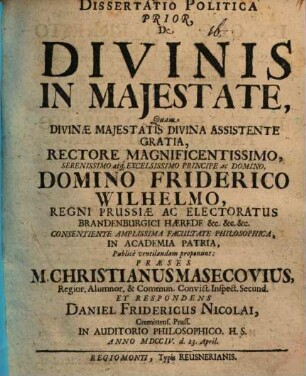 Diss. pol. ... de divinis in maiestate, Diss. prior