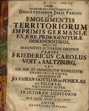 Dissertationem Juris Publici De Emolumentis Territoriorum Imprimis Germaniae Ex Jure Primogeniturae Descendentibus