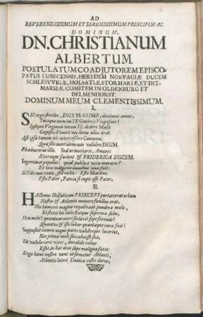 Ad Reverendissimum Et Serenissimum Principem Ac Dominum, Dn. Christianum Albertum ...