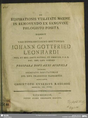 De Respirationis Utilitate Maxime In Removendo Ex Sanguine Phlogisto Posita