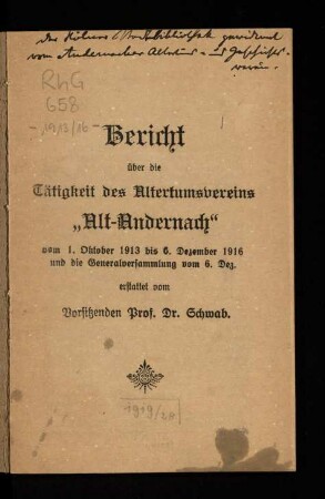 Bericht über die Tätigkeit des Altertumsvereins "Alt-Andernach" vom 1. Oktober 1913 bis 6. Dezember 1916