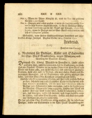 5. Reglement für Prediger, Küster und Schulmeister der Chur-Marck Brandenburg, wegen Pflantzung und Wartung der Maulbeer-Bäume