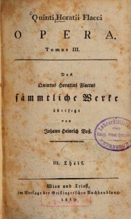 Des Quintus Horatius Flaccus sämmtliche Werke, 3 : Carmina lyrica, 3