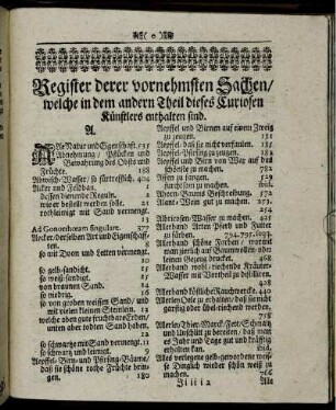 Register derer vornehmsten Sachen/welche in dem andern Theil dieses Curiosen Künstlers enthalten sind.