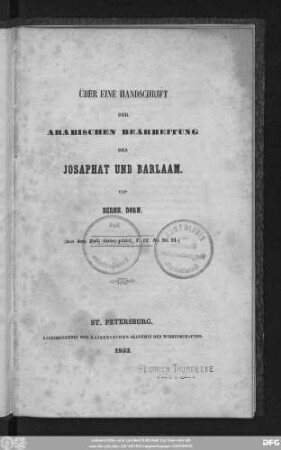 Über eine Handschrift der Arabischen Bearbeitung des Josaphat und Barlaam
