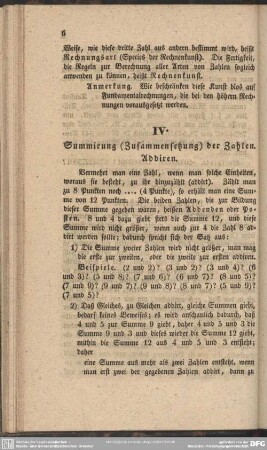 IV. Summirung (Zusammensetzung) der Zahlen (Addiren)