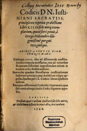 Codex Iustiniani. [1] : Lib. 1 - 6