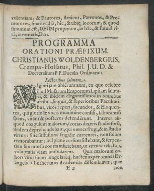 Programma Orationi Praefixum. Christianus Woldenbergius ...