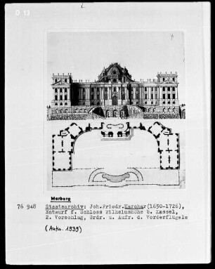 Entwürfe für Schloß Wilhelmshöhe bei Kassel, zweiter Vorschlag — Aufriß der Vorderfront und Teilgrundriß