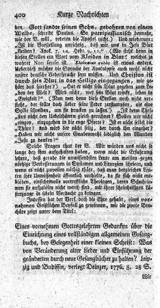 Eines vornehmen Gottesgelehrten Gedanken über die Einrichtung eines vollständigen allgemeinen Gesangbuchs.