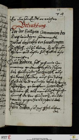 Betrachtung. Von der heiligen Commonion des Hochwirdigen sacraments