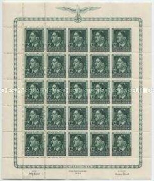 Kompletter Bogen mit 25 Briefmarken zu 12 Zloty aus dem Generalgouvernement zum 55. Geburtstag von Adolf Hitler 1944