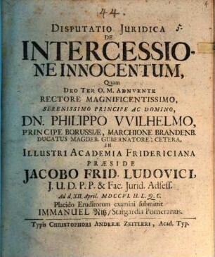 Disputatio Juridica De Intercessione Innocentum