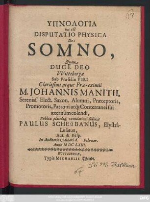 Hypnologia hoc est Disputatio Physica De Somno