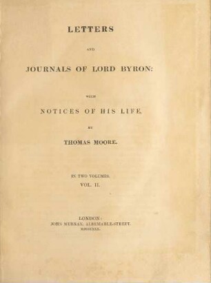 Vol. 2: Letters and journals of Lord Byron