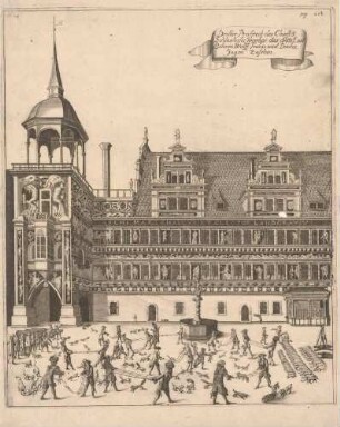 Die Lustjagd auf Wölfe, Füchse und Dachse im Großen Schlosshof des Residenzschlosses in Dresden, 3. Ansicht aus der "Durchlauchtigsten Zusammenkunft" von 1680, Nr. 24, p. 208