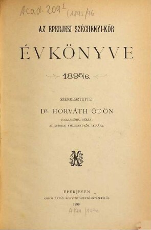 Az Eperjesi Széchenyi-Kör évkönyve. 1895/96 (1896)