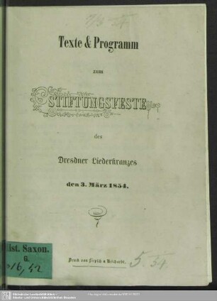 Texte & Programm zum Stiftungsfeste des Dresdner Liederkranzes den 3. März 1854