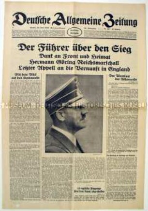 Tageszeitung "Deutsche Allgemeine Zeitung" zur Reichstagsrede Hitlers über den Verlauf des Krieges