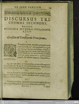 Discursus Tricesimus Secundus. Autore Hieremia Setzero Philosph. & J. U. D. De Consiliis & Consiliariis Principum
