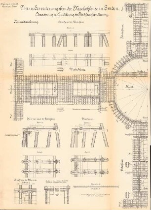 Um- und Erweiterungsbau der Kesselschleuse, Emden: Pfahlrostfundierung: Ansicht, Aufsichten, Schnitte 1:100, 1:20