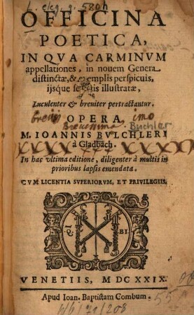 Officina poetica : in qua carminum apellationes, ... Luculenter et breuiter pertractantur