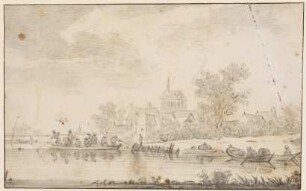 Flußlandschaft mit Fährboot, Dorf und Kirche