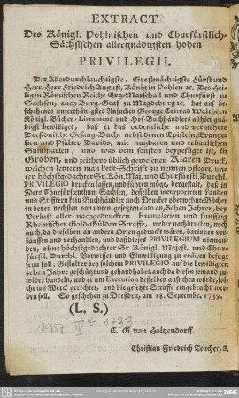 Extract Des Königl. Pohlnischen und Churfürstlich-Sächsischen allergnädigsten hohen Privilegii