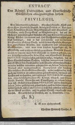 Extract Des Königl. Pohlnischen und Churfürstlich-Sächsischen allergnädigsten hohen Privilegii