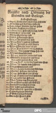 Register nach Ordnung der Rubricken und Gesänge.